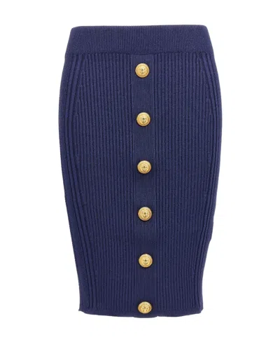 Balmain Blue Pencil Skirt With Gold Buttons