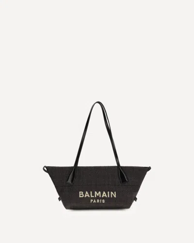 BALMAIN CALFSKIN AND RAFFIA TRACK SHOULDER BAG