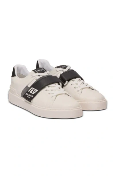 Balmain Calfskin B-court Trainers With Pb Tongue In Neutral