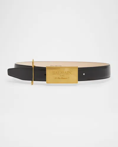 Balmain Calfskin Leather Belt W/ Safety Pin In 0en Noir Vintage Brass