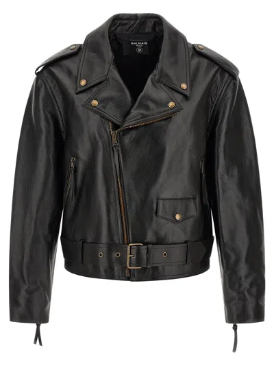 Balmain Calfskin Leather Biker Jacket In Black