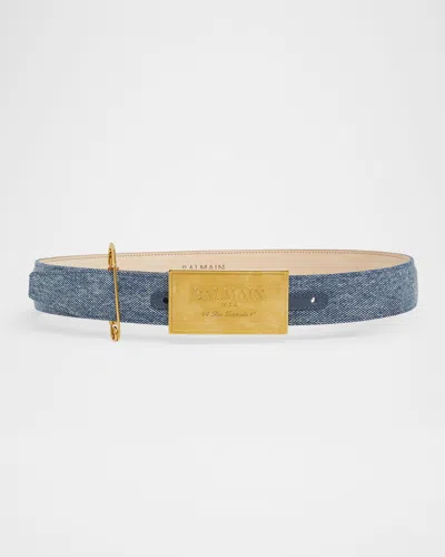 BALMAIN CALFSKIN LEATHER DENIM BELT W/ SAFETY PIN