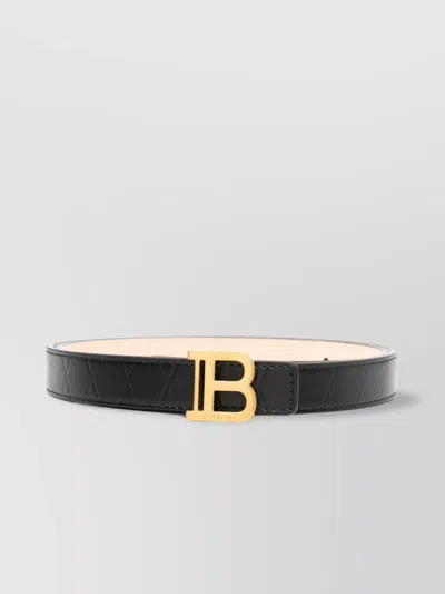 Balmain Calfskin Quilted Belt With Golden B Buckle In Black