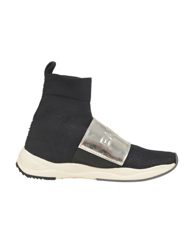 Balmain Cameron Embossed Logo High Top Sneakers In Black Stretch Knit And Mesh