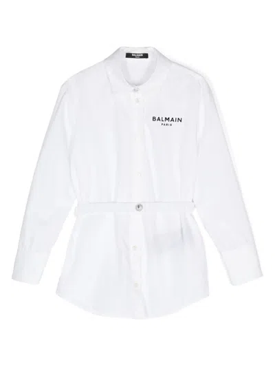 Balmain Kids' Flocked-logo Cotton Shirt In White