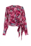 Balmain Silk Feather Print Wrap Blouse In Burgundy