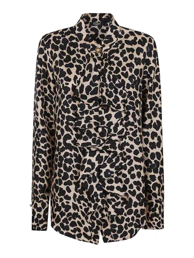 Balmain Leopard Print Jabot Collar Shirt In Animal Print