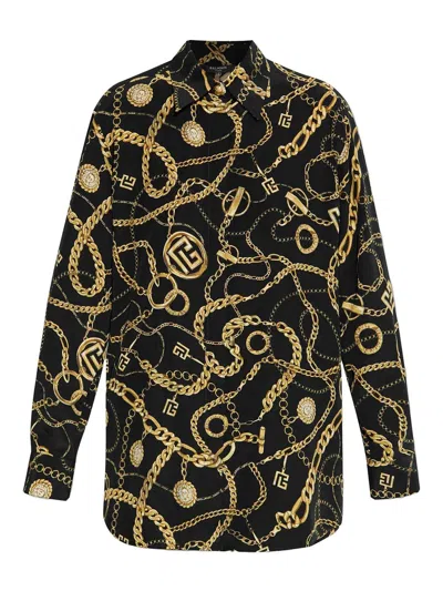 Balmain Shirt Chain Print Gold Buttons In Black