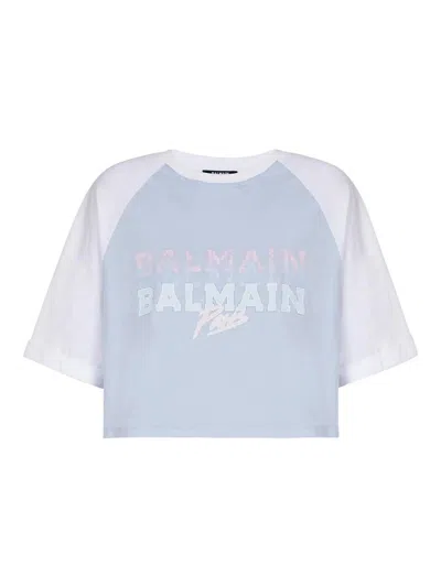 Balmain Paris Print Crew Neck Cropped T-shirt In Blue