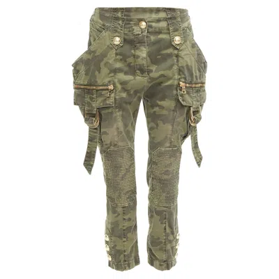 Balmain Camo Cotton Hardware Mid Waist Cargo Biker Pants In Green