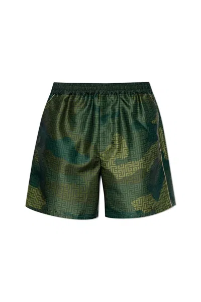 Balmain Camouflage Monogrammed Shantung Shorts In Green