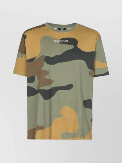 Balmain Camouflage Print Ribbed Neck T-shirt In Green