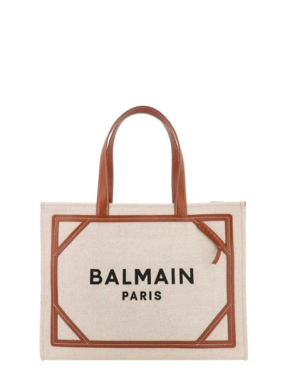 Balmain Canvas And Leather Shoulder Bag With Frontal Logo In Grey