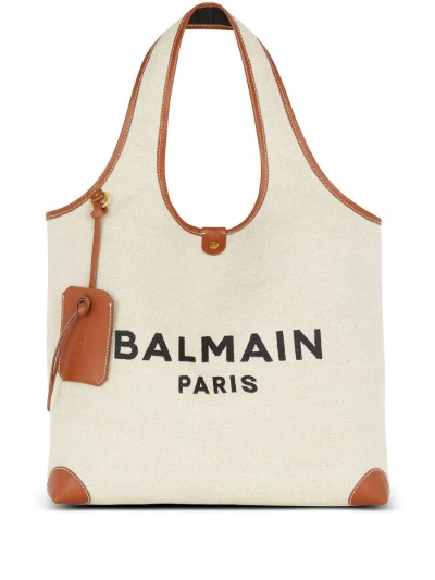 Balmain Small Canvas B-army Grocery Tote Bag In Beige