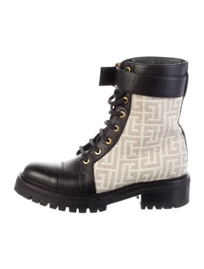 Pre-owned Balmain Canvas Colorblock Pattern Combat Boots In Neutral
