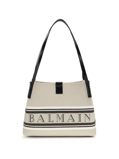 Balmain Canvas Jacquard Logo Shoulder Bag In Beige