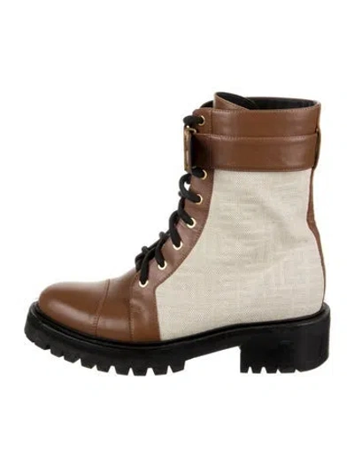 Pre-owned Balmain Canvas Leather Trim Embellishment Lace-up Boots In Brown