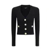 Balmain Black Ribbed Cardigan With Shoulder Pads And Logoed Metal Buttons