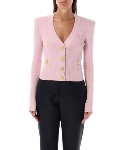 Balmain Buttoned Pointelle Rib Knit Crop Cardigan In Pink