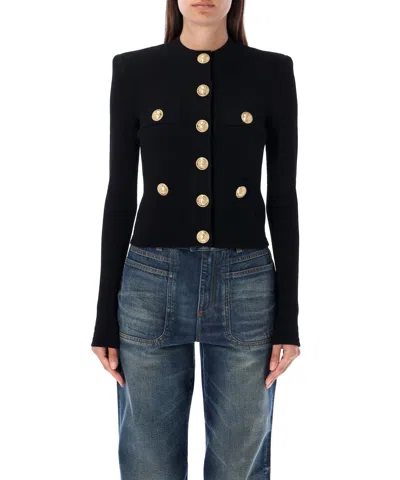 Balmain Ribbed Texture Knit Cardigan With Gold Buttons In Black
