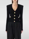 Balmain Black Ribbed Cardigan With Shoulder Pads And Logoed Metal Buttons In Black
