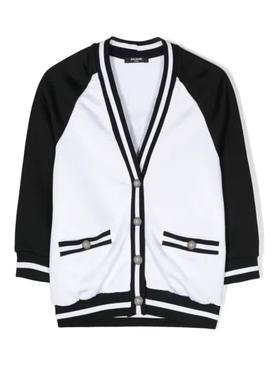 Balmain Kids' Logo-print Striped Cardigan In White