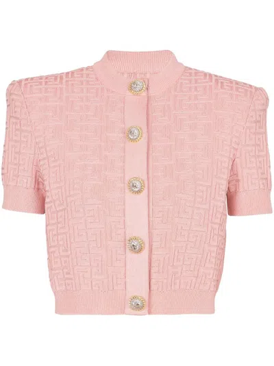 Balmain Pb-intarsia Short-sleeve Cardigan In Pink