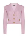 Balmain Buttoned Pointelle Rib Knit Crop Cardigan In Pink