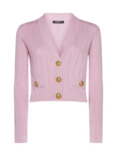 Balmain Buttoned Pointelle Rib Knit Crop Cardigan In Pink