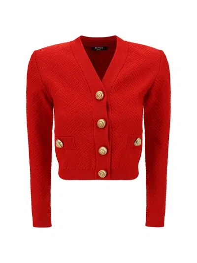 Balmain Cropped Button-embellished Ribbed Pointelle-knit Cardigan In Red