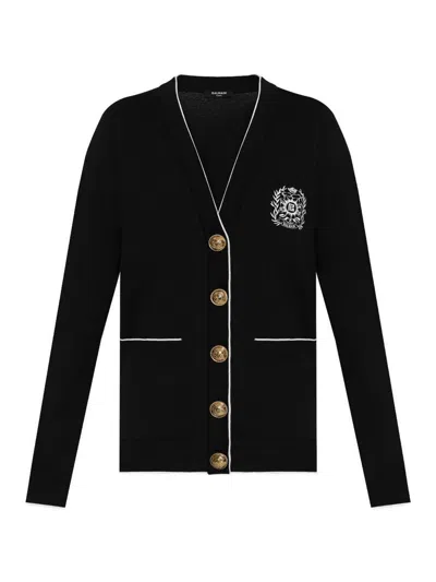 Balmain Cardigan Sweater With Silk Embroidery In Black