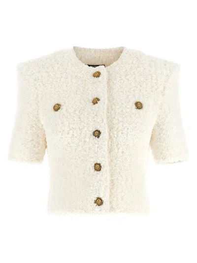 BALMAIN CARDIGAN TWEED PLUMETIS SWEATERS AND CARDIGANS WHITE