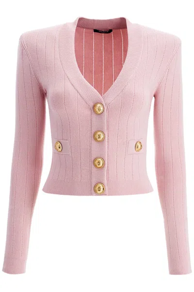 Balmain Cardigan With Structured Shoulders In Pink