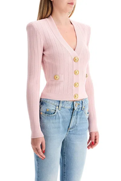 Balmain Cardigan With Structured Shoulders In Pink