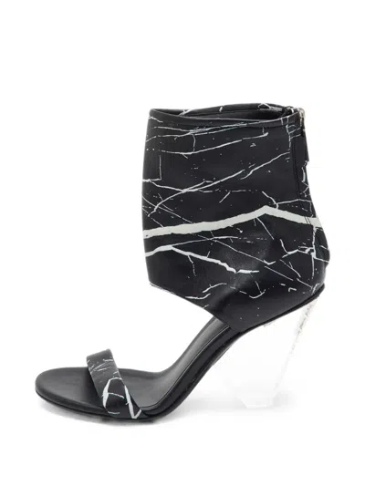 Pre-owned Balmain Carrara Marble-print Ankle-cuff Sandals In Black