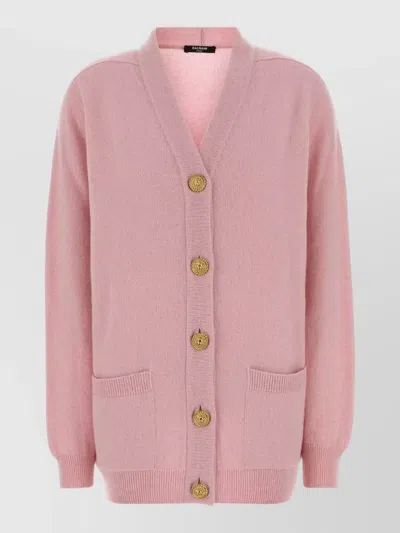 Balmain Cashmere Wool Cardigan V Neckline Pockets In Pink