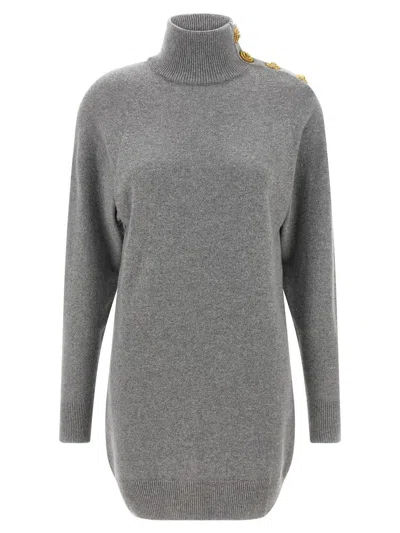 Balmain Cashmere Wool Turtleneck Dress Gold Button Detail In Gray