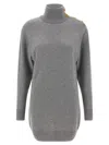 Balmain Cashmere Wool Turtleneck Dress Gold Button Detail In Gray