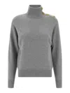 Balmain Grey High-neck Wool Sweater With Gold Buttons In Gray