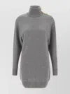 Balmain Cashmere Wool Turtleneck Dress Gold Button Detail In Gray