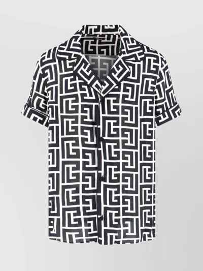 Balmain Casual Geometric Pattern Notched Collar Short Sleeves In Gfe Ivory/black