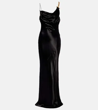 Balmain Chain-detail Draped Satin Gown In Black