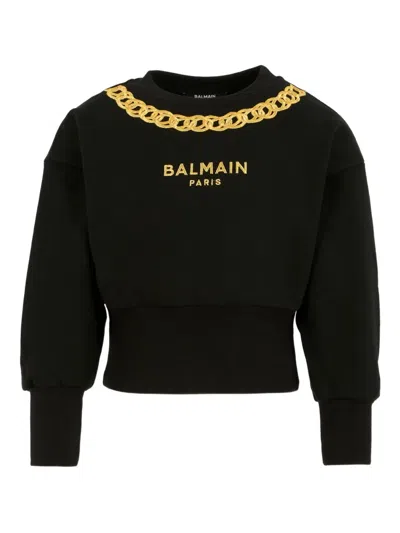 Balmain Kids' Chain-embellished Cropped Sweater In Black