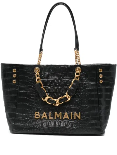 Balmain 1945 Cabas Tote Bag In Monogram Crinkled Leather In Black