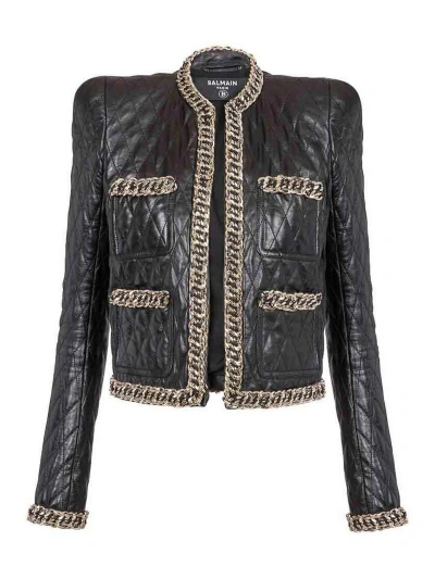 Balmain Chain-detail Quilted Leather Jacket In Black