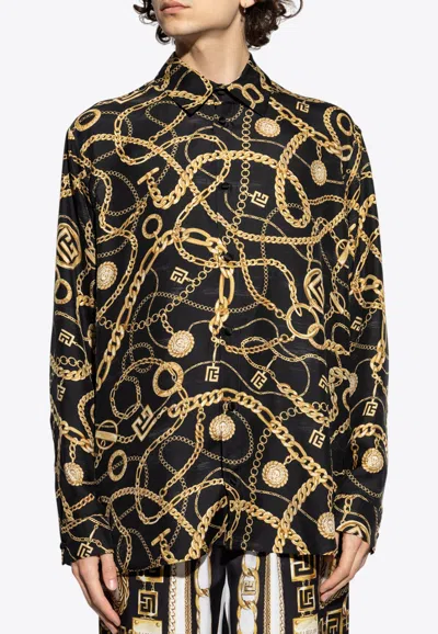 Balmain Black Shirt With Pointed Collar And Chain Print With Logo