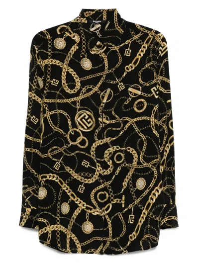 Balmain Chain-print Silk Shirt In Black