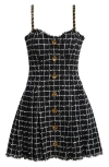 Balmain Chain Strap Check Tweed Fit & Flare Minidress In Black