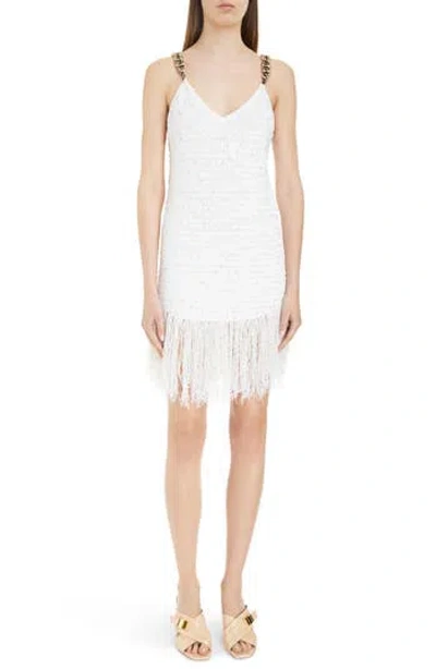 Balmain Chain Strap Fringe Tweed Minidress In White