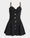 Balmain Chain-straps Polka Dot Tweed Mini Dress In Blkwhite